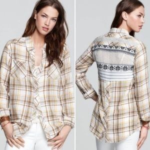 Free People Plaid Button Down Shirt - Tan and White
